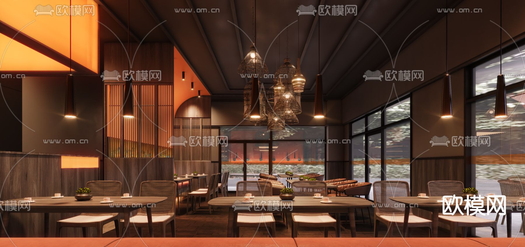 新中式餐厅su模型下载（渲染图2）