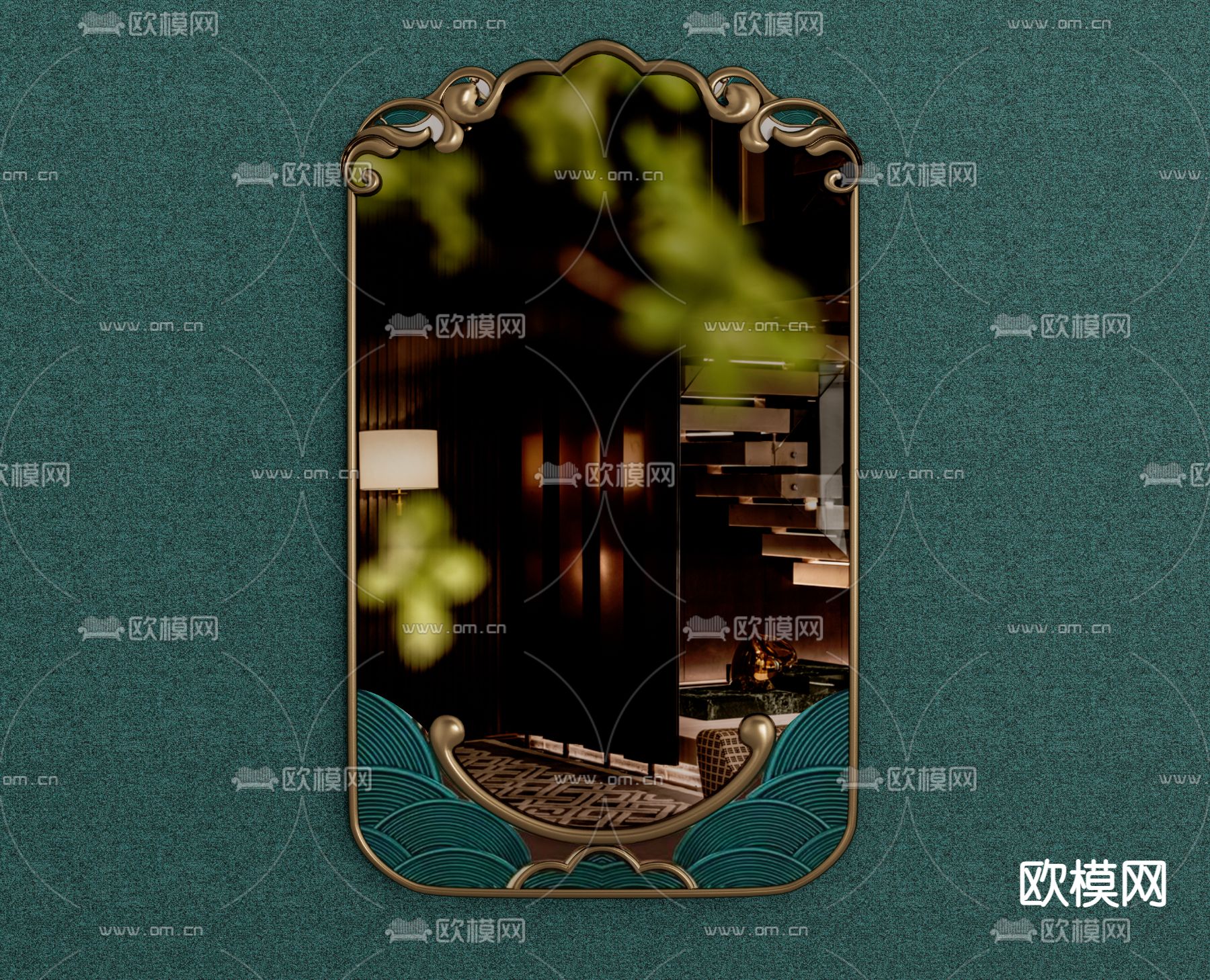 新中式装饰镜su模型下载（渲染图1）