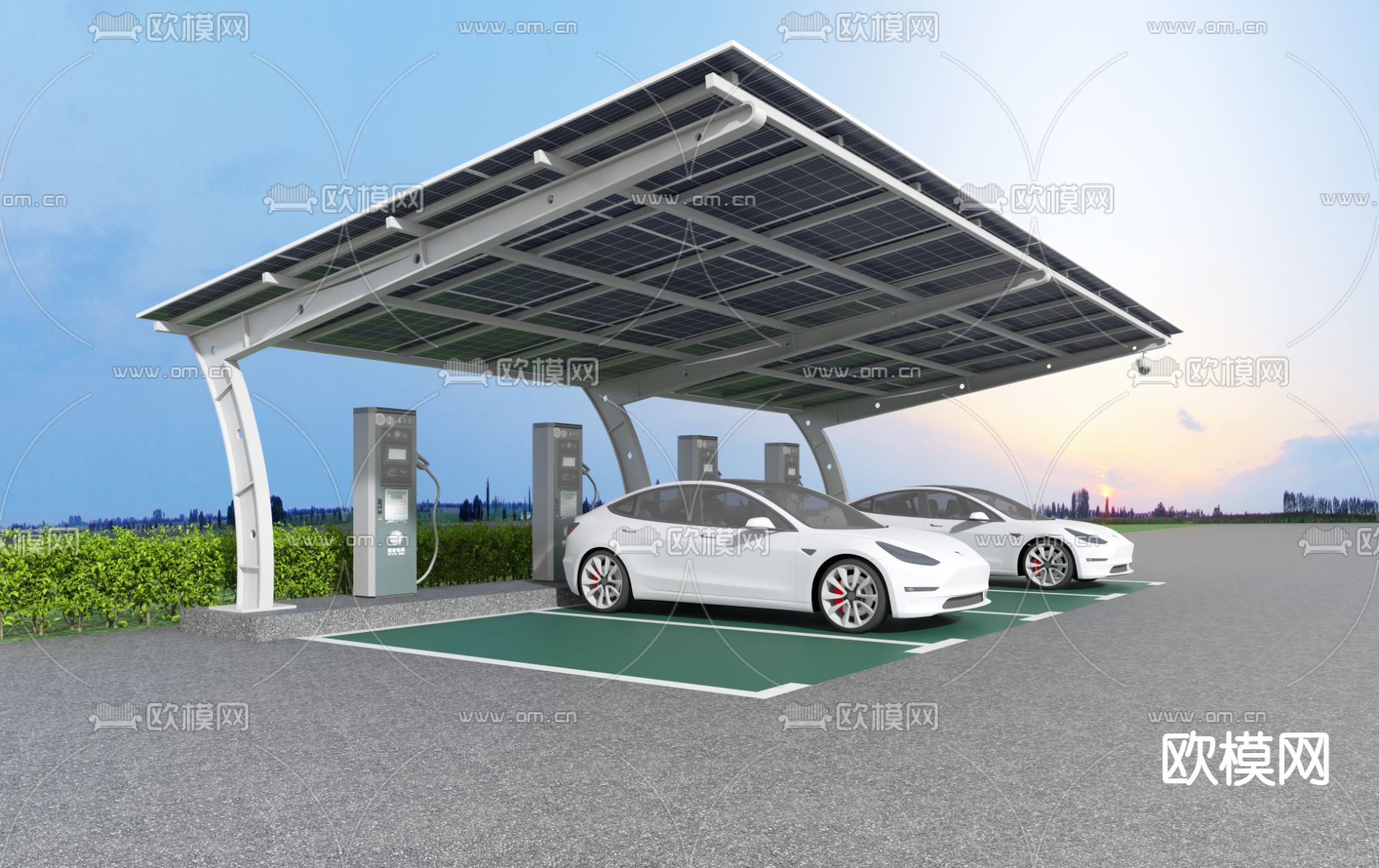 新能源车棚 充电桩 停车场3d模型下载
