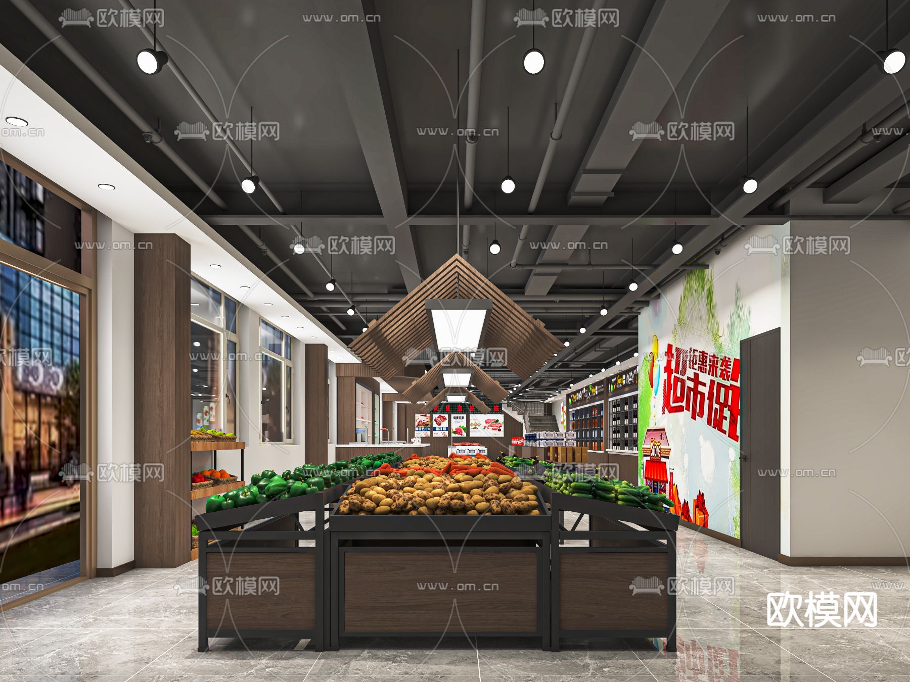 现代生鲜超市su模型下载（渲染图1）
