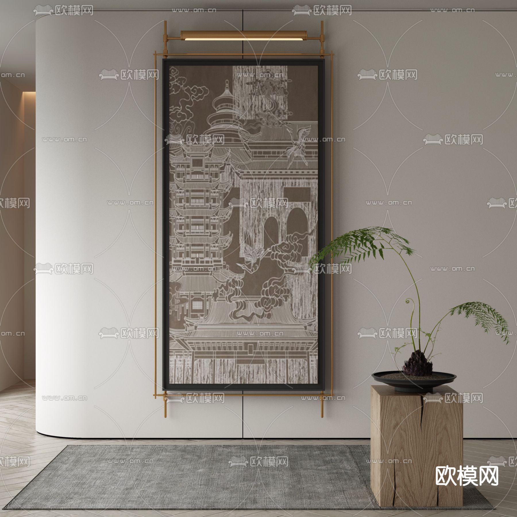 新中式国画 镜前灯 建筑画3d模型下载