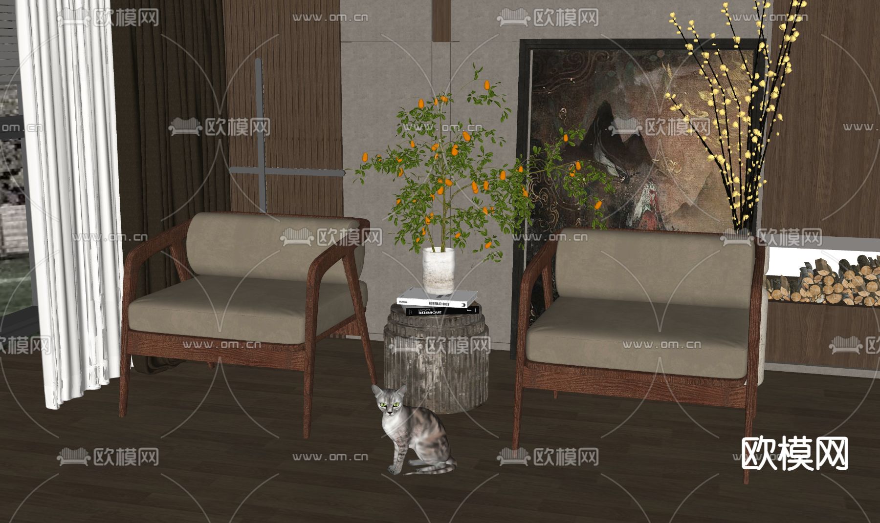 新中式休闲椅su模型下载（渲染图2）