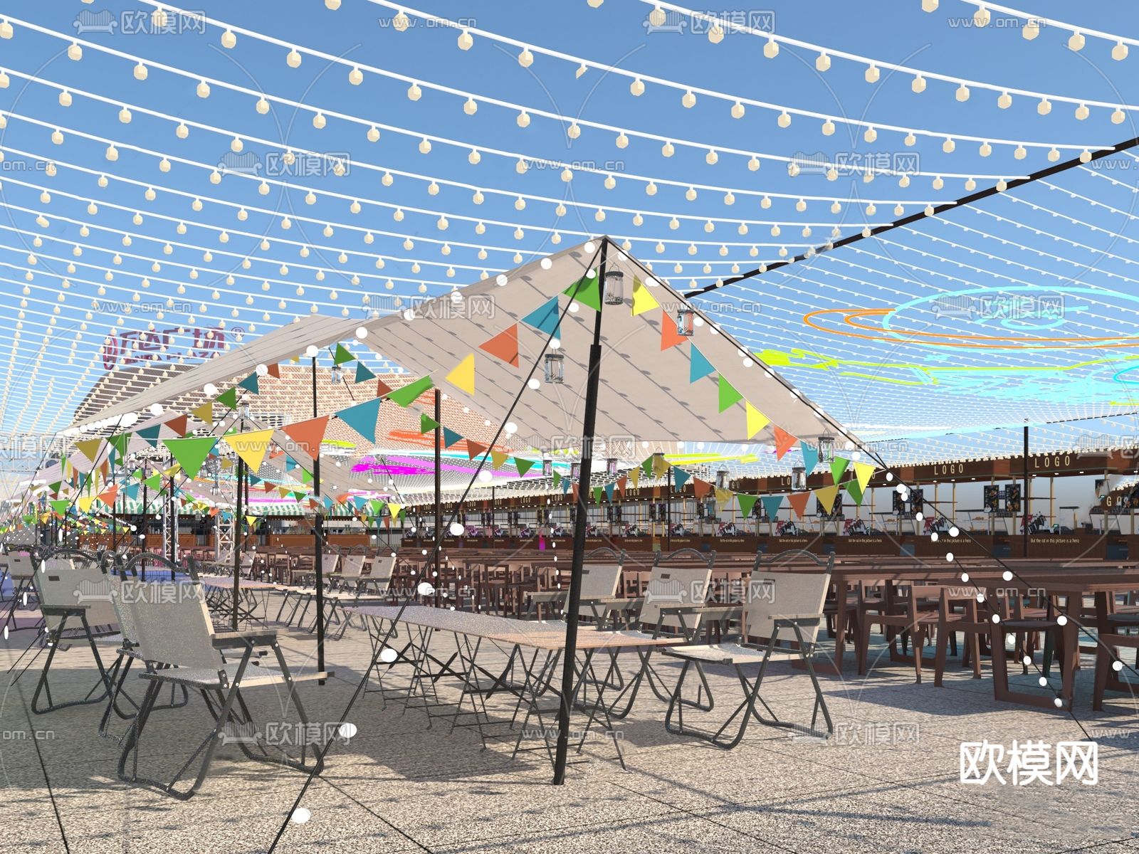 现代室外夜市 商业街su模型下载（渲染图1）