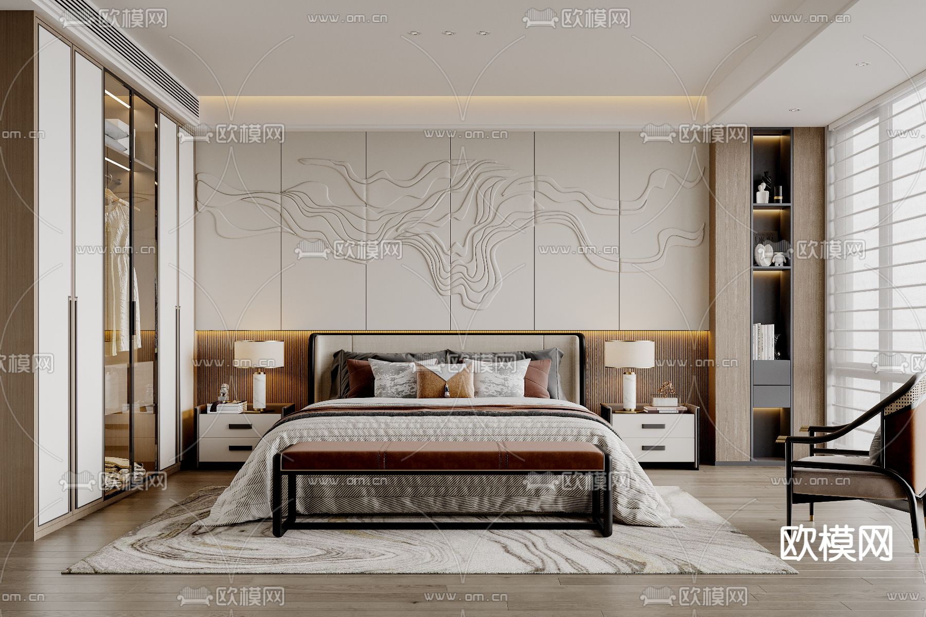 新中式卧室 主卧 主人房3d模型下载_ID14307558_3dmax免费模型-欧模网