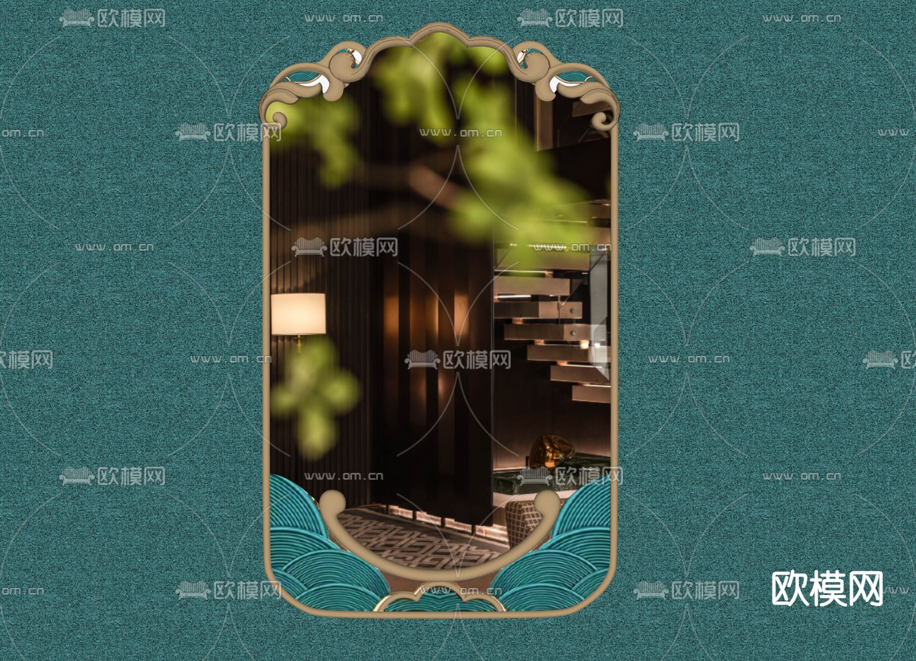 新中式装饰镜su模型下载（渲染图2）