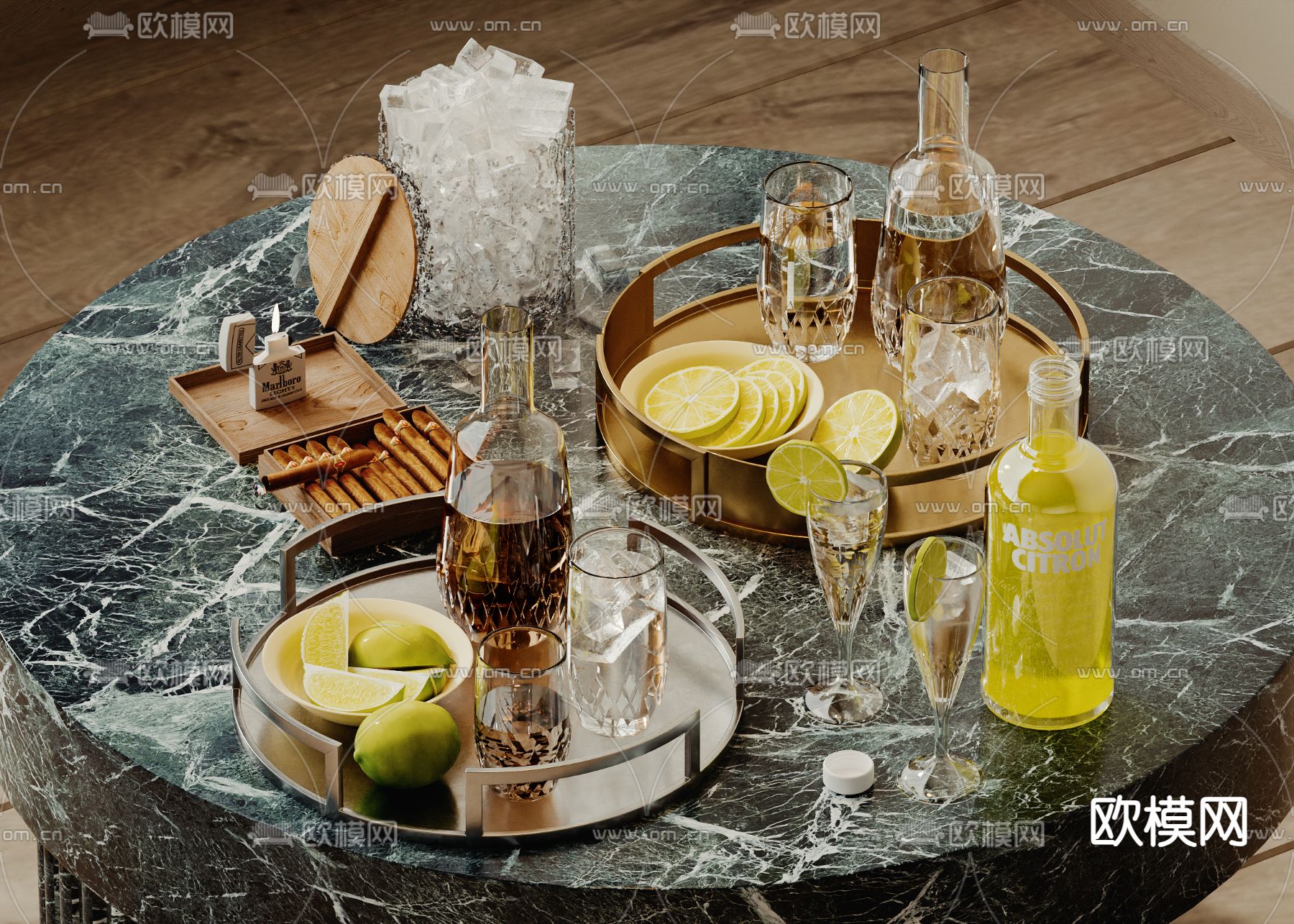 酒水 洋酒 酒瓶 柠檬水 雪茄烟 冰块3d模型下载