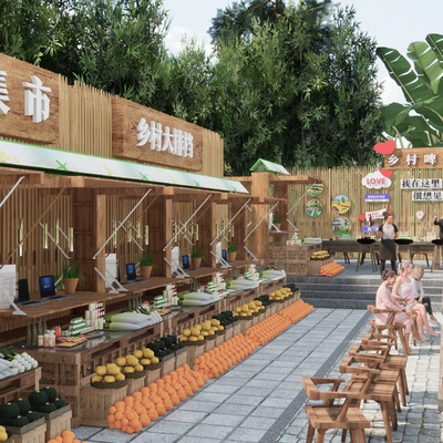  乡村美食街 乡村集市su模型 
