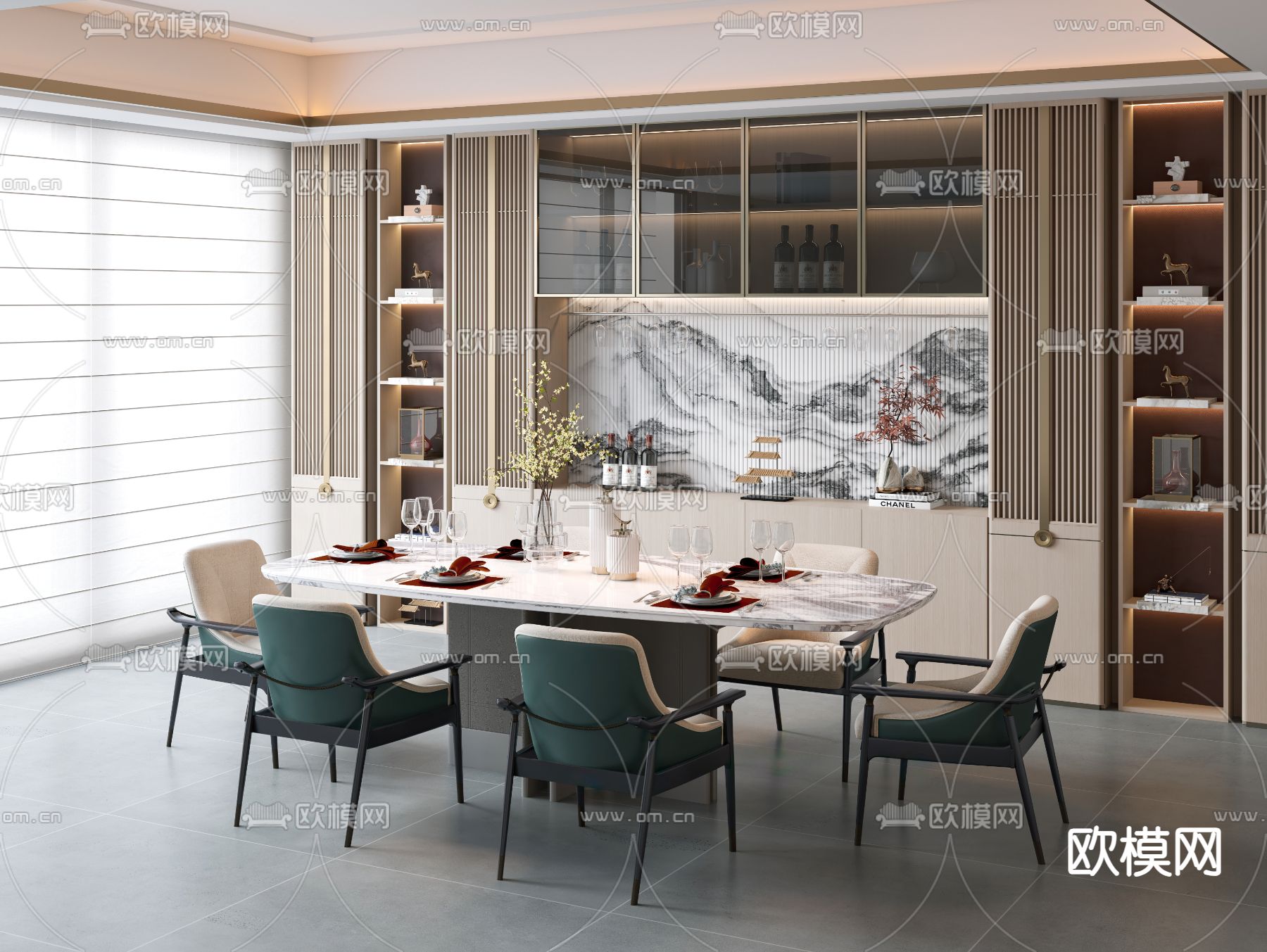 新中式餐桌椅 条形餐桌3d模型下载