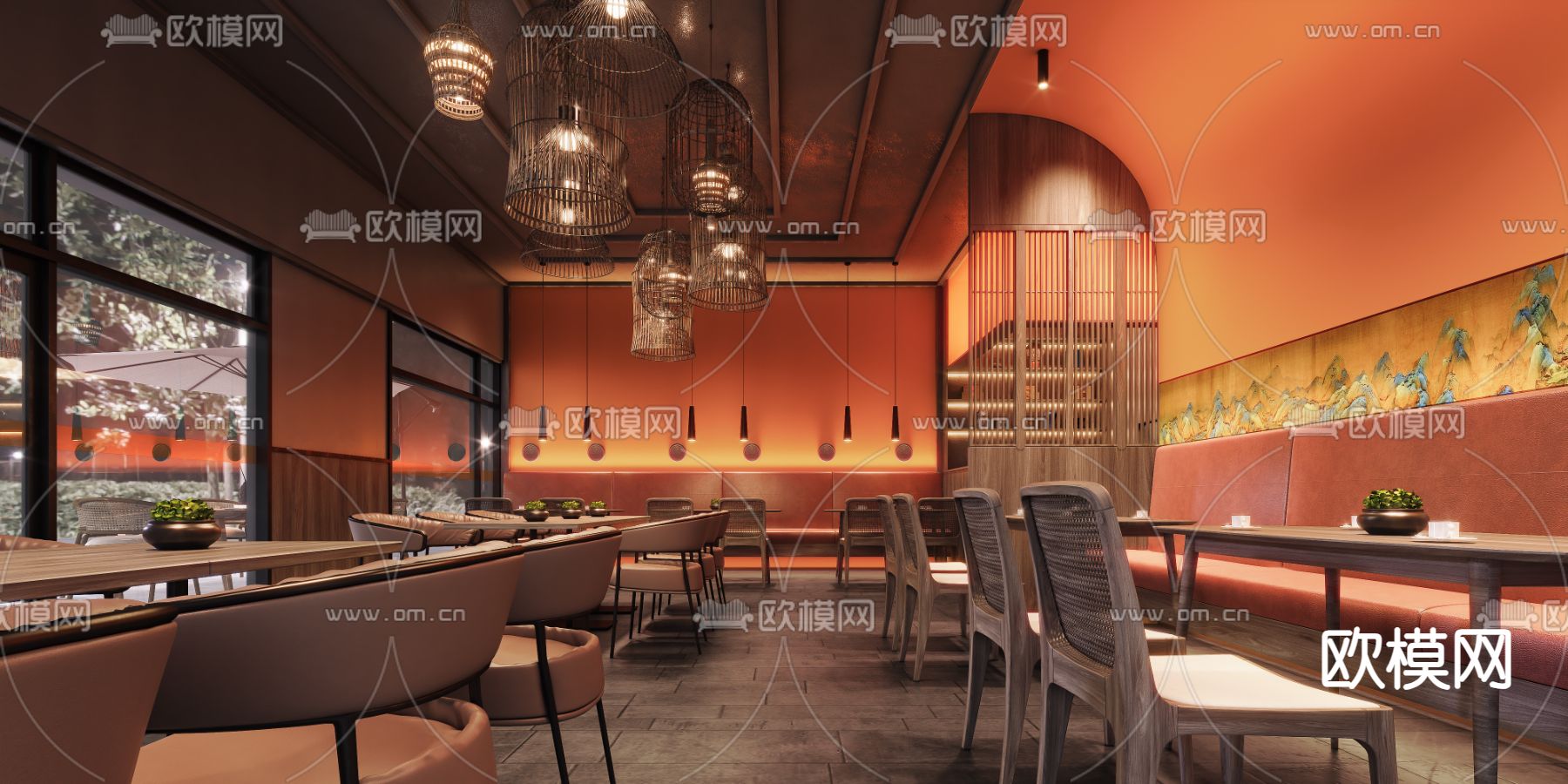 新中式餐厅su模型下载（渲染图1）