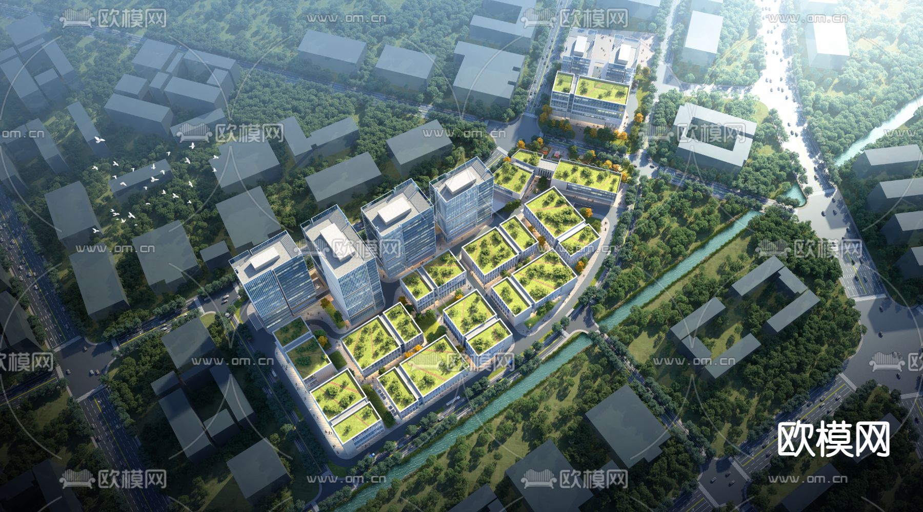 现代产业园鸟瞰su模型下载（渲染图1）