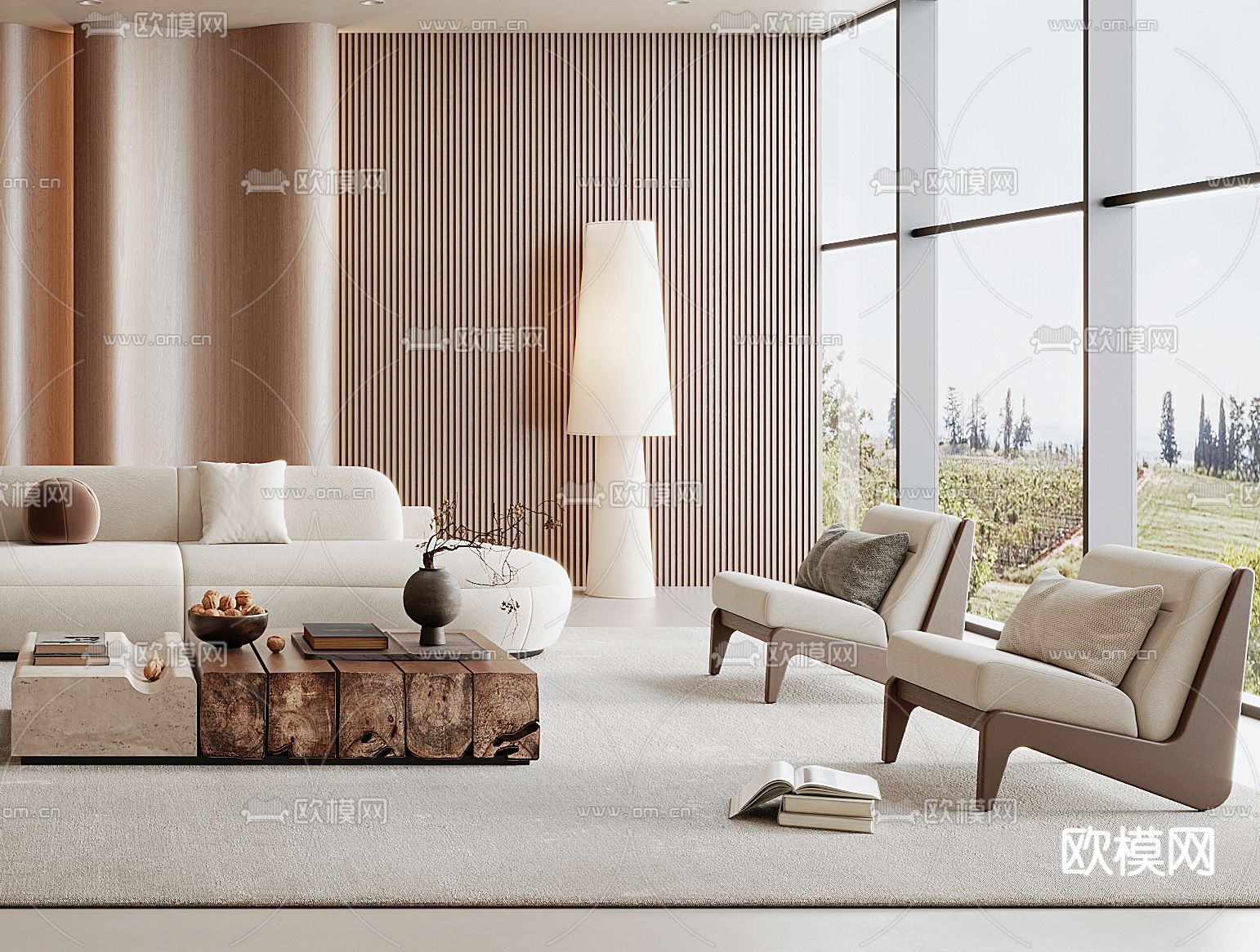 奶油风客厅3d模型下载（渲染图3）