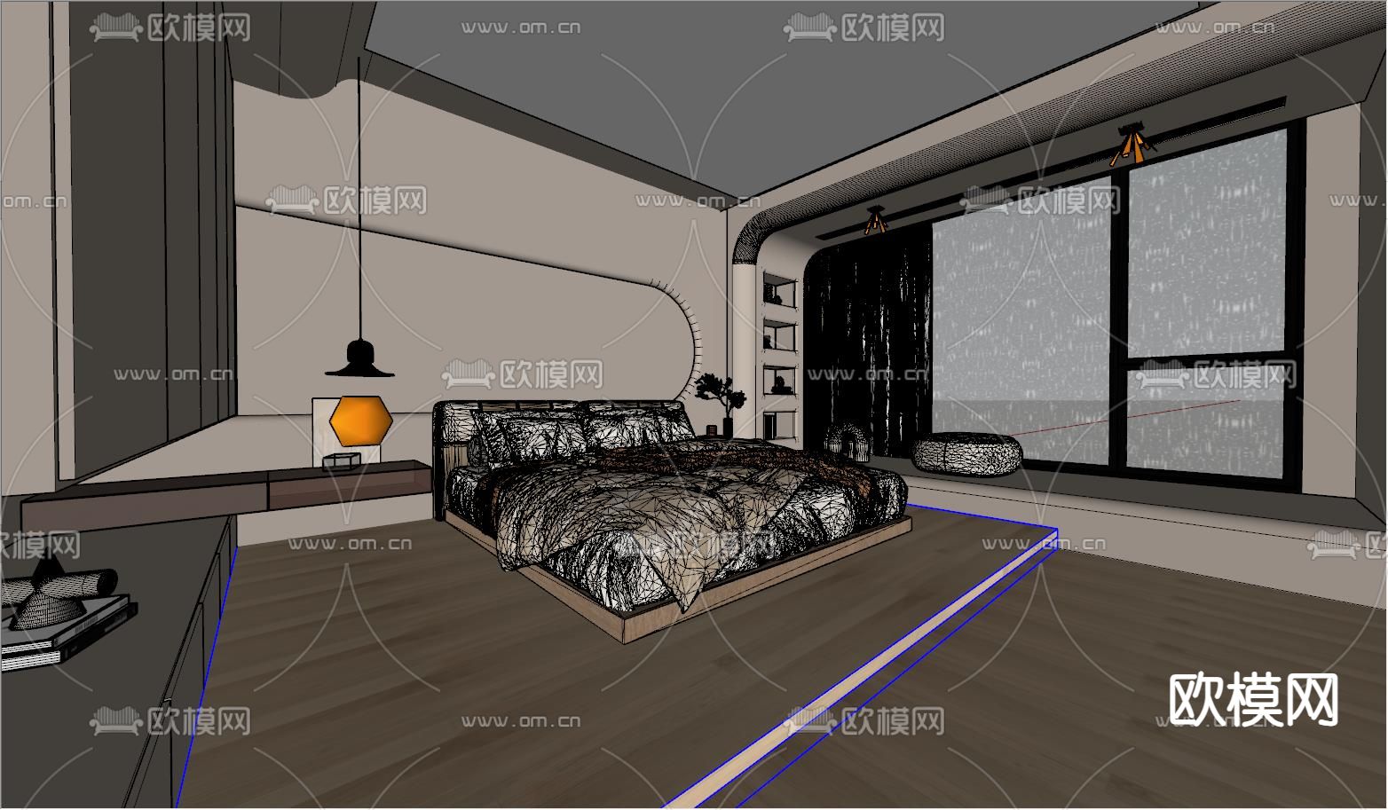 奶油风卧室su模型下载（渲染图3）