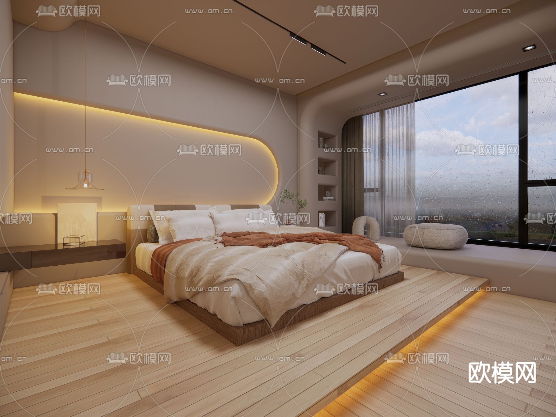 奶油风卧室su模型下载（渲染图1）