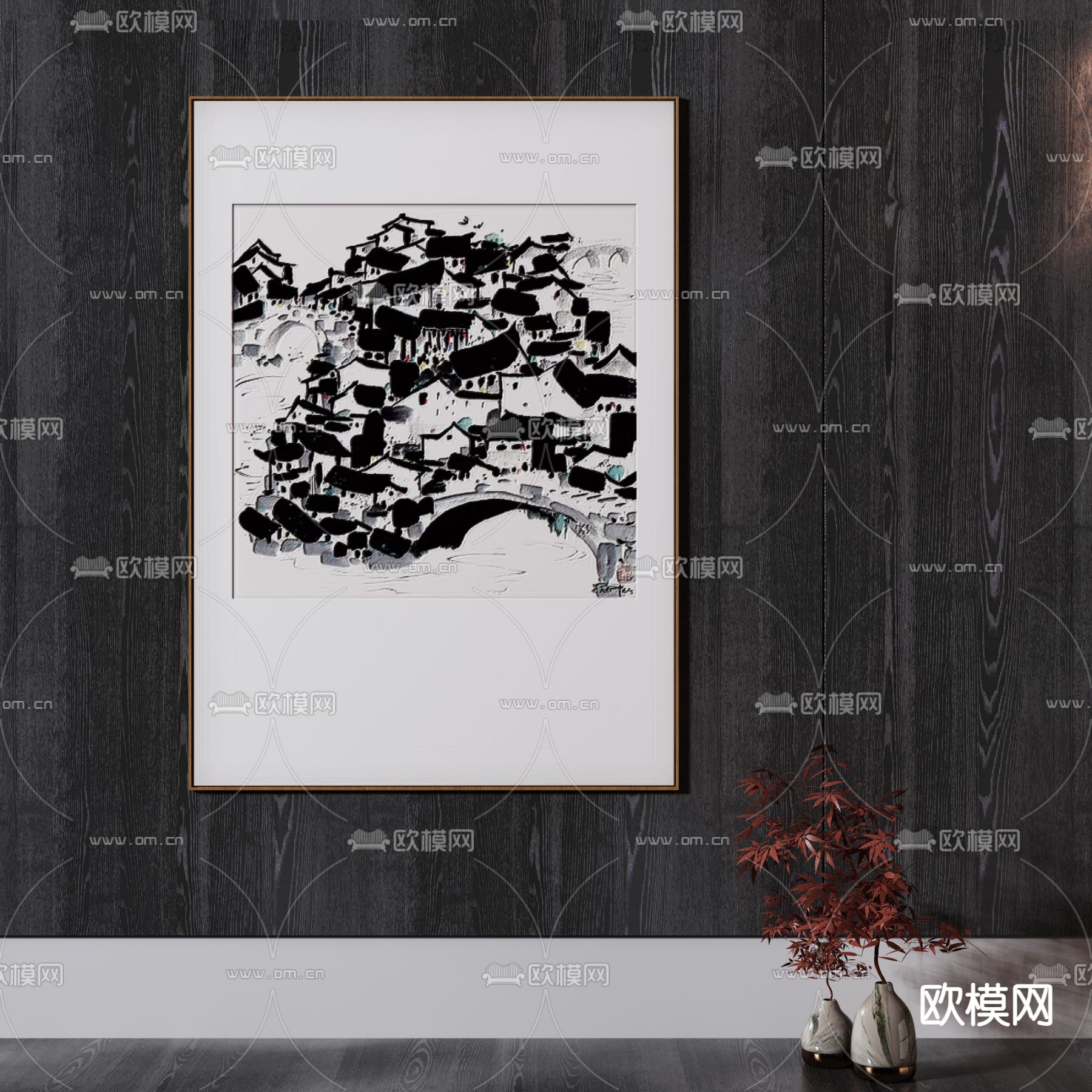 新中式装饰画 建筑画 水墨画3d模型下载