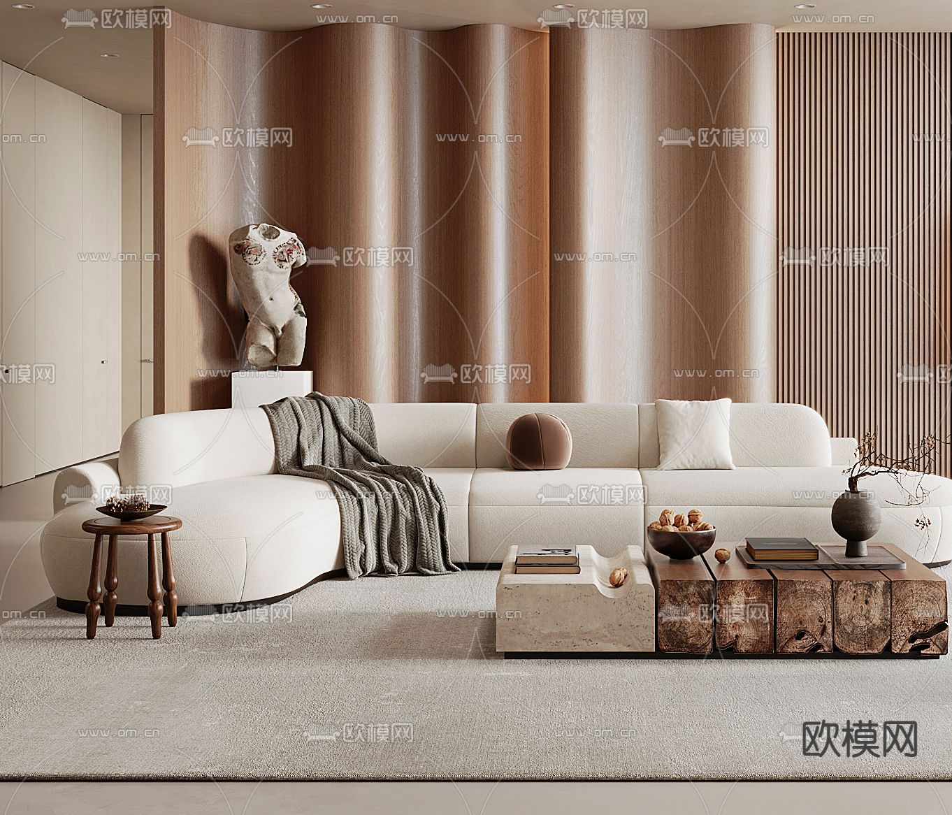奶油风客厅3d模型下载（渲染图2）