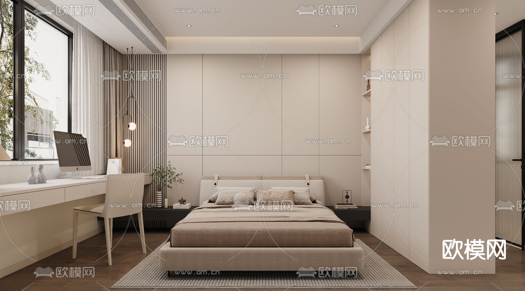 奶油风卧室 主人房3d模型下载