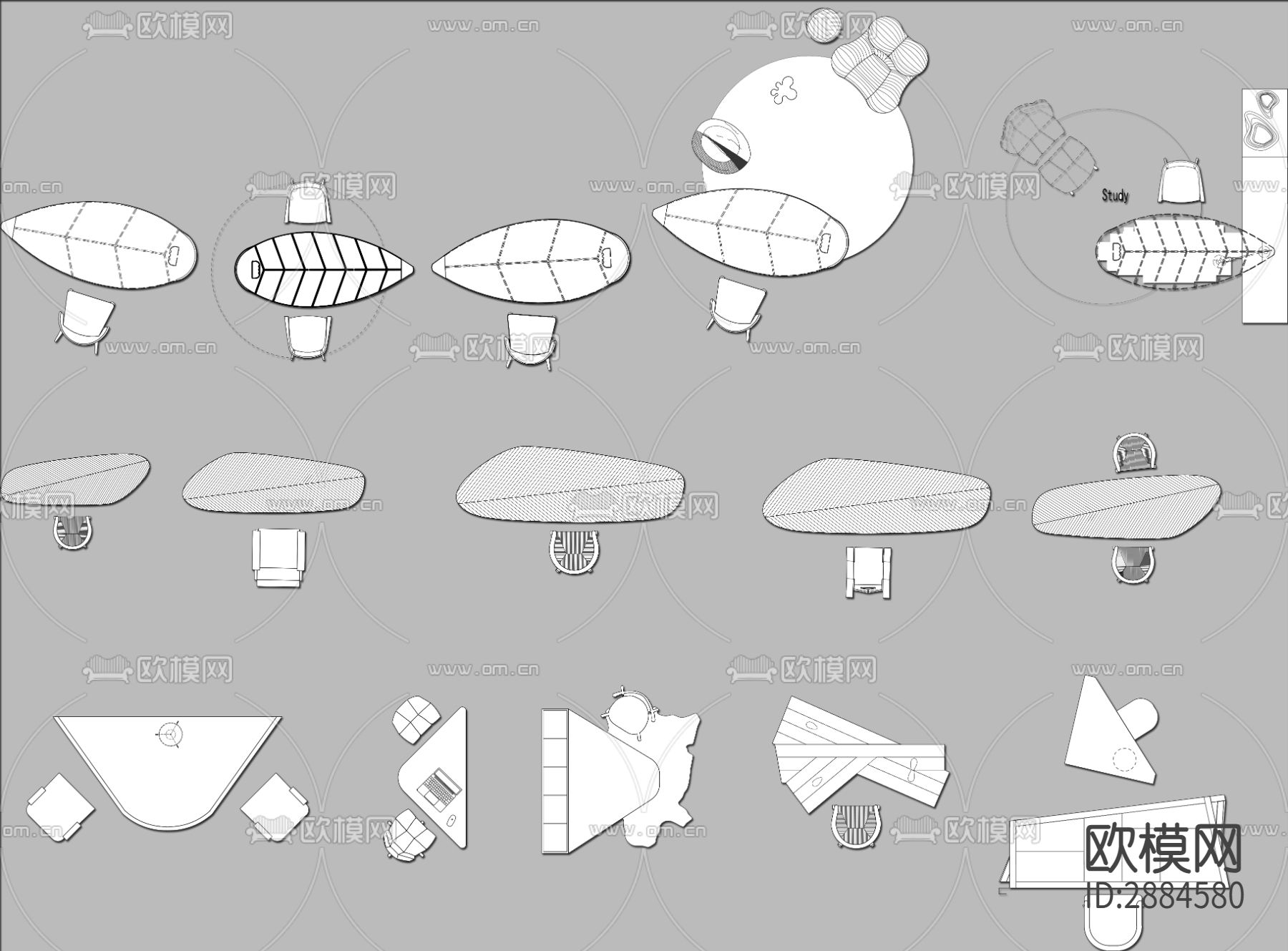 个性书桌书台cad图库下载（渲染图1）