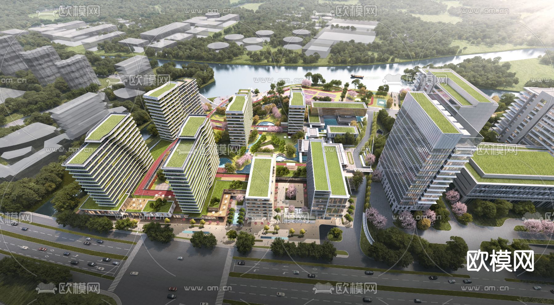 现代办公楼鸟瞰su模型下载（渲染图1）