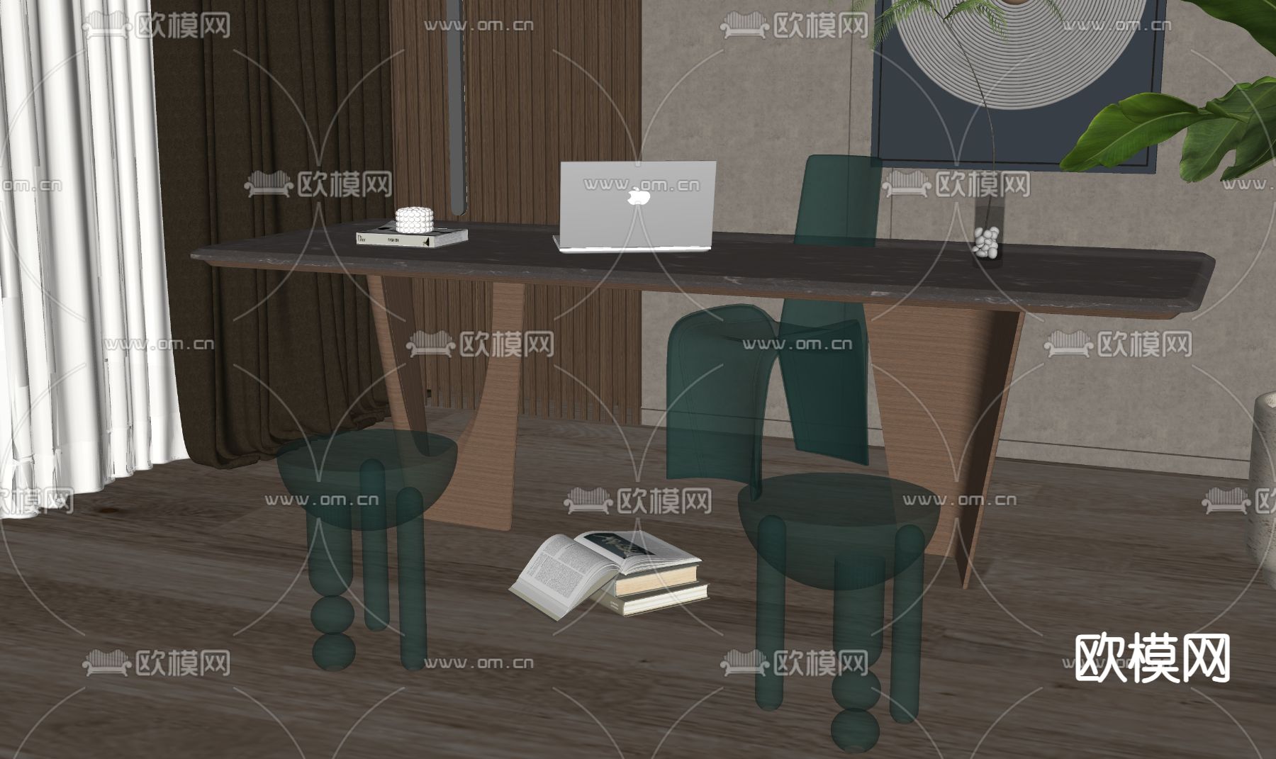 现代班台桌椅su模型下载（渲染图2）