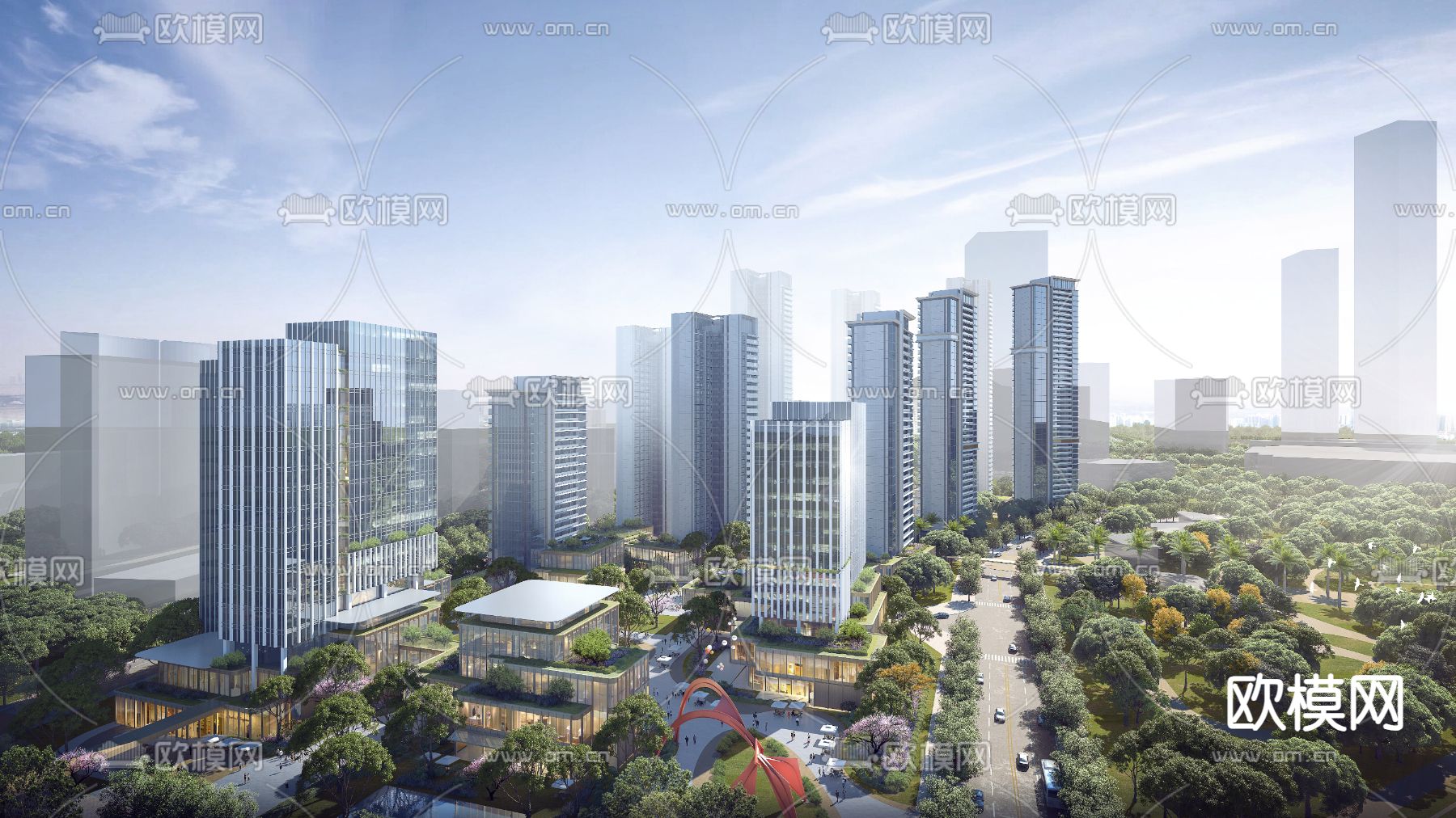 现代办公楼鸟瞰su模型下载（渲染图1）