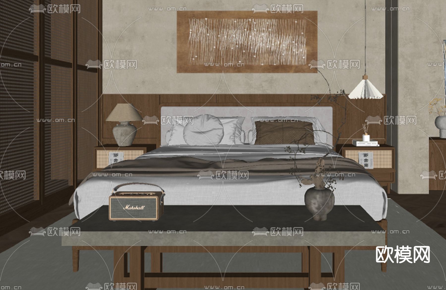 中古风双人床su模型下载（渲染图2）