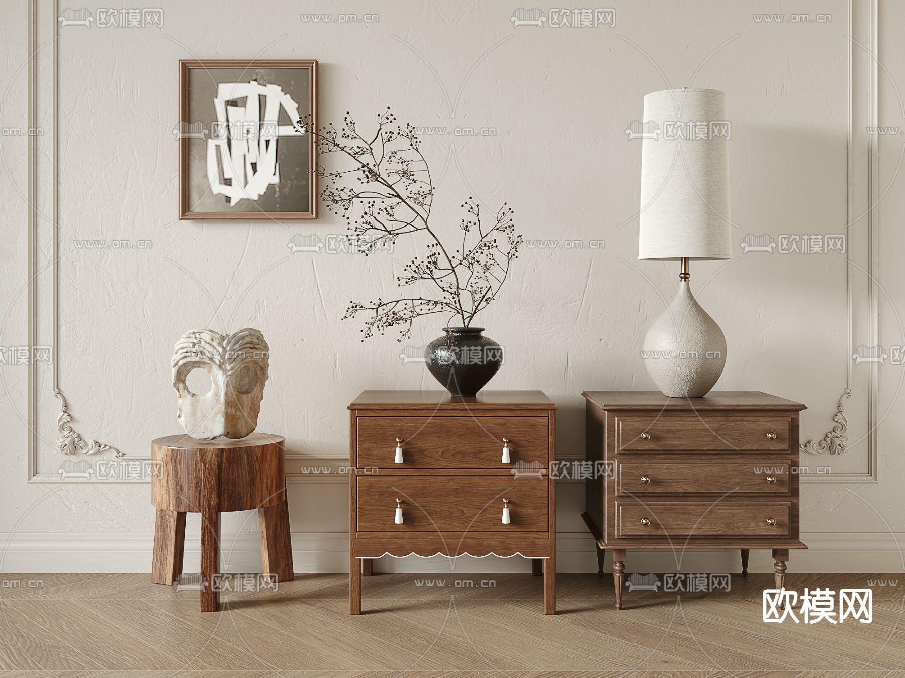 美式床头柜su模型下载（渲染图1）