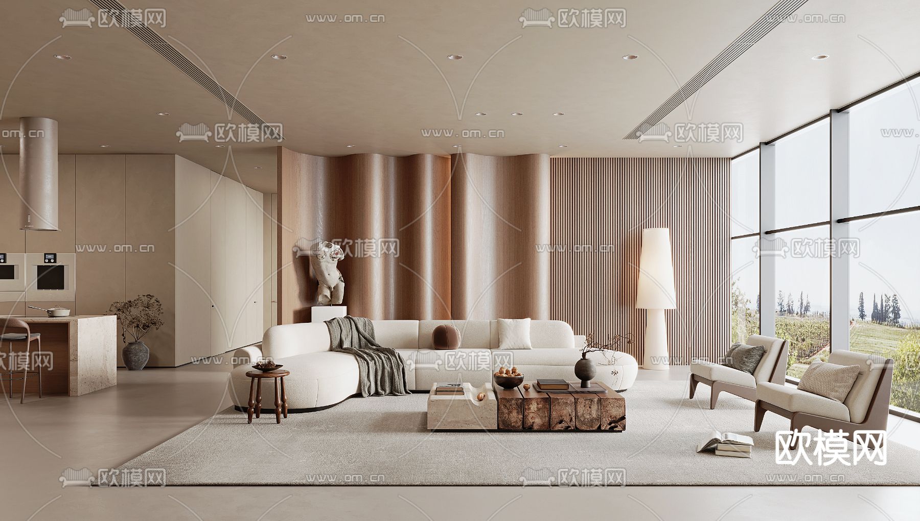 奶油风客厅3d模型下载（渲染图1）