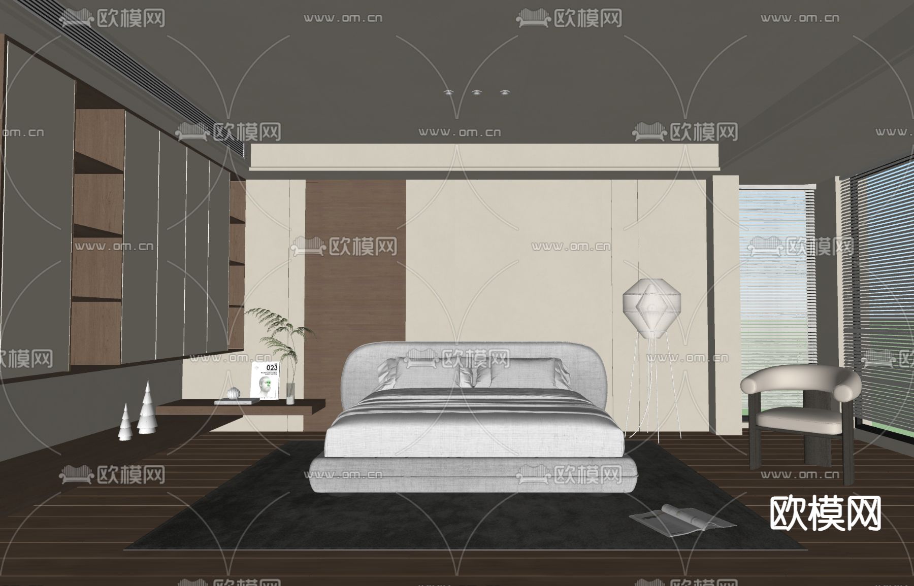 奶油风卧室su模型下载（渲染图2）