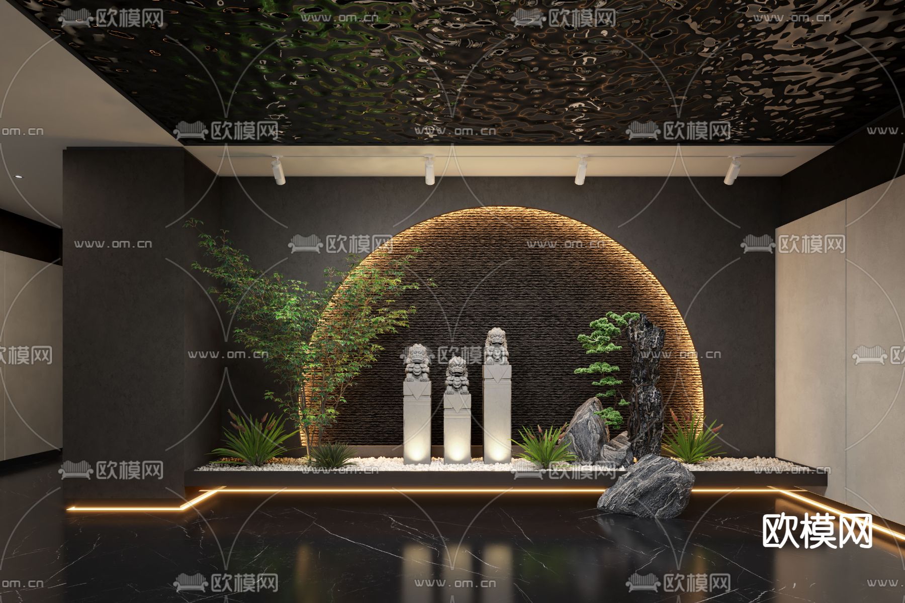 景观小品 石狮子雕塑 绿植 景观石3d模型下载