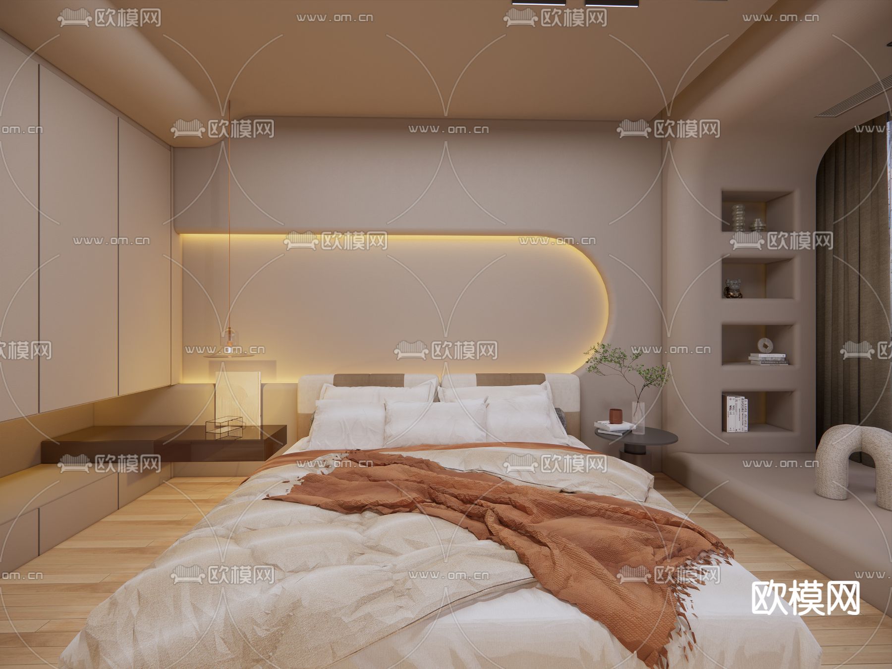 奶油风卧室su模型下载（渲染图2）