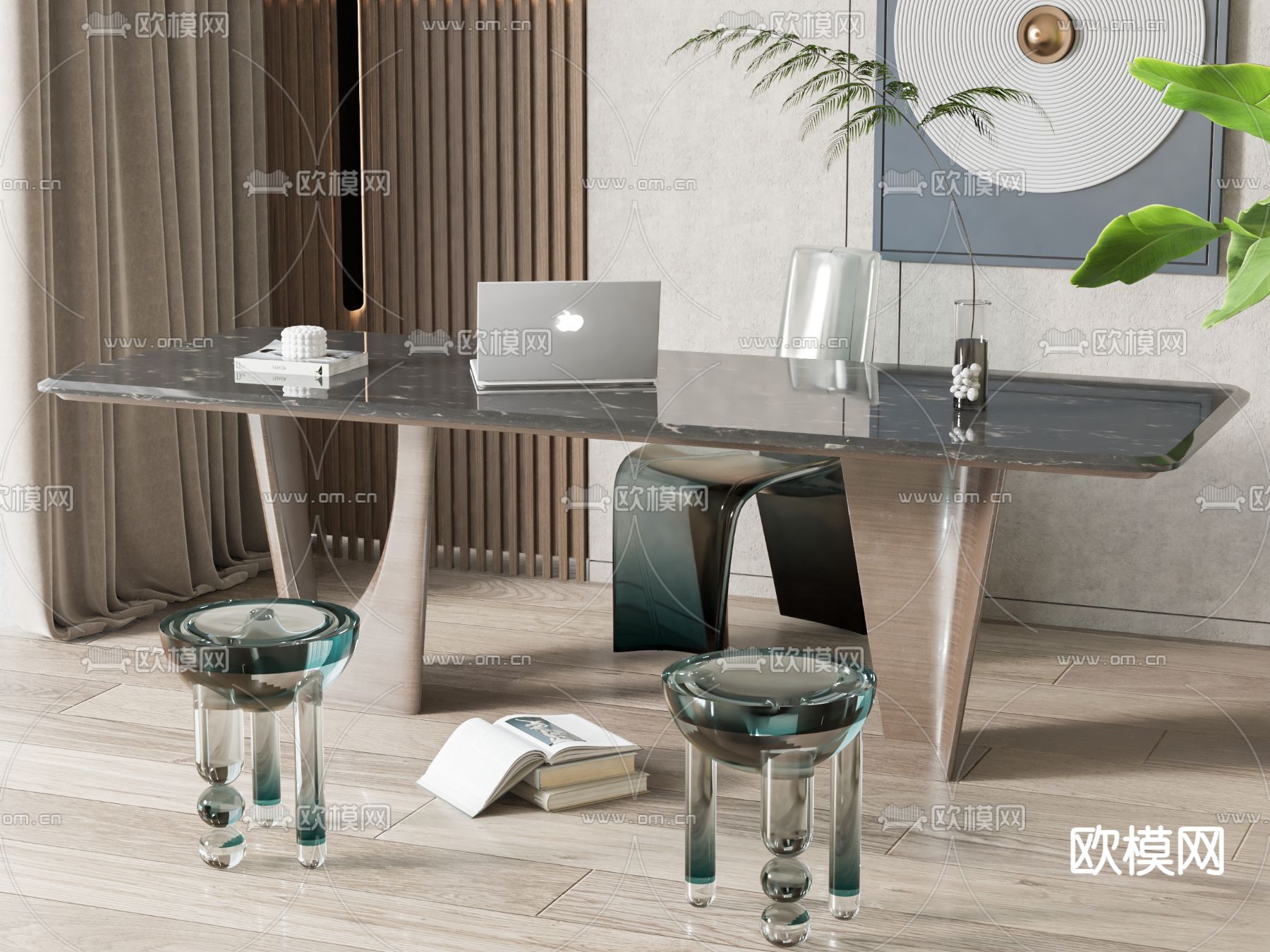 现代班台桌椅su模型下载（渲染图1）
