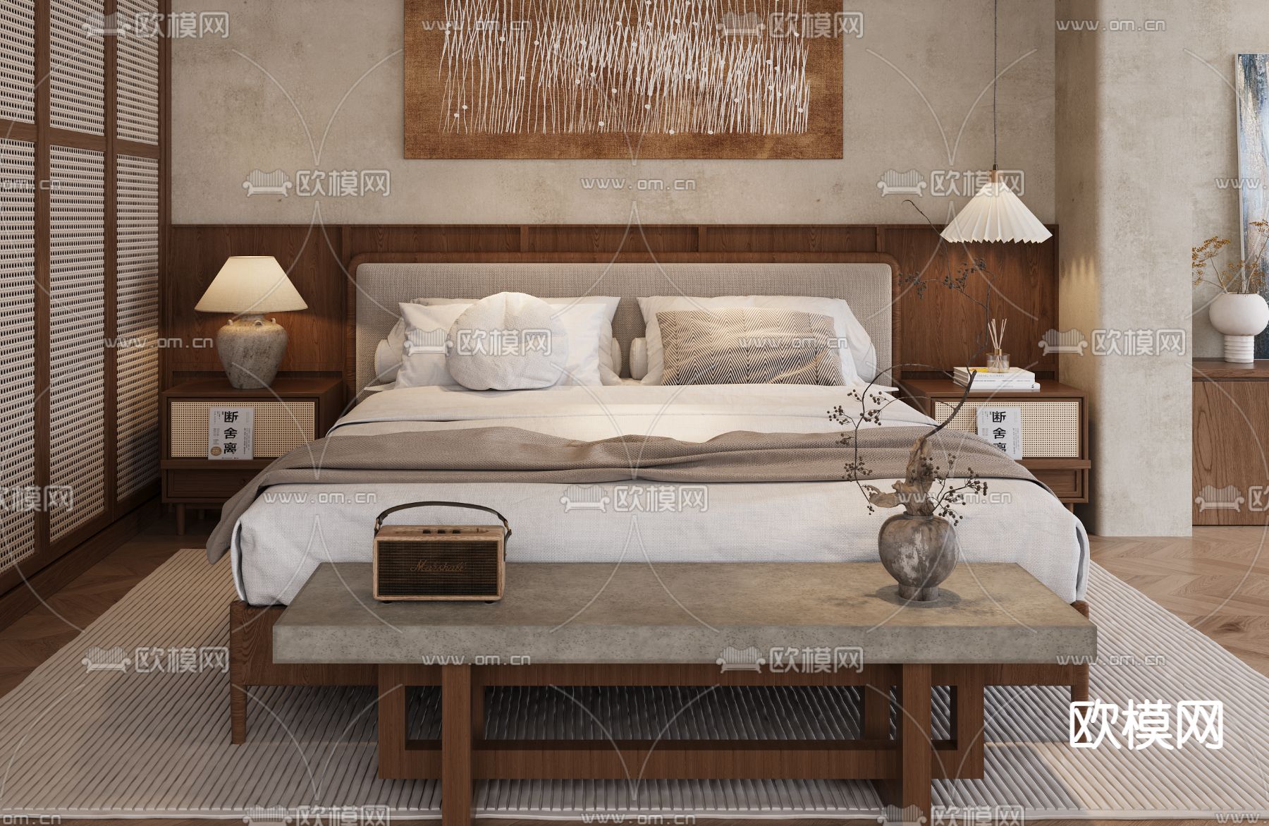 中古风双人床su模型下载（渲染图1）
