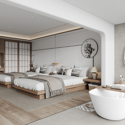  新中式酒店客房su模型 