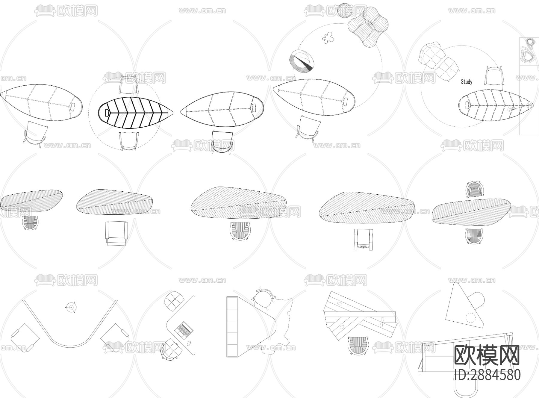 个性书桌书台cad图库下载（渲染图2）