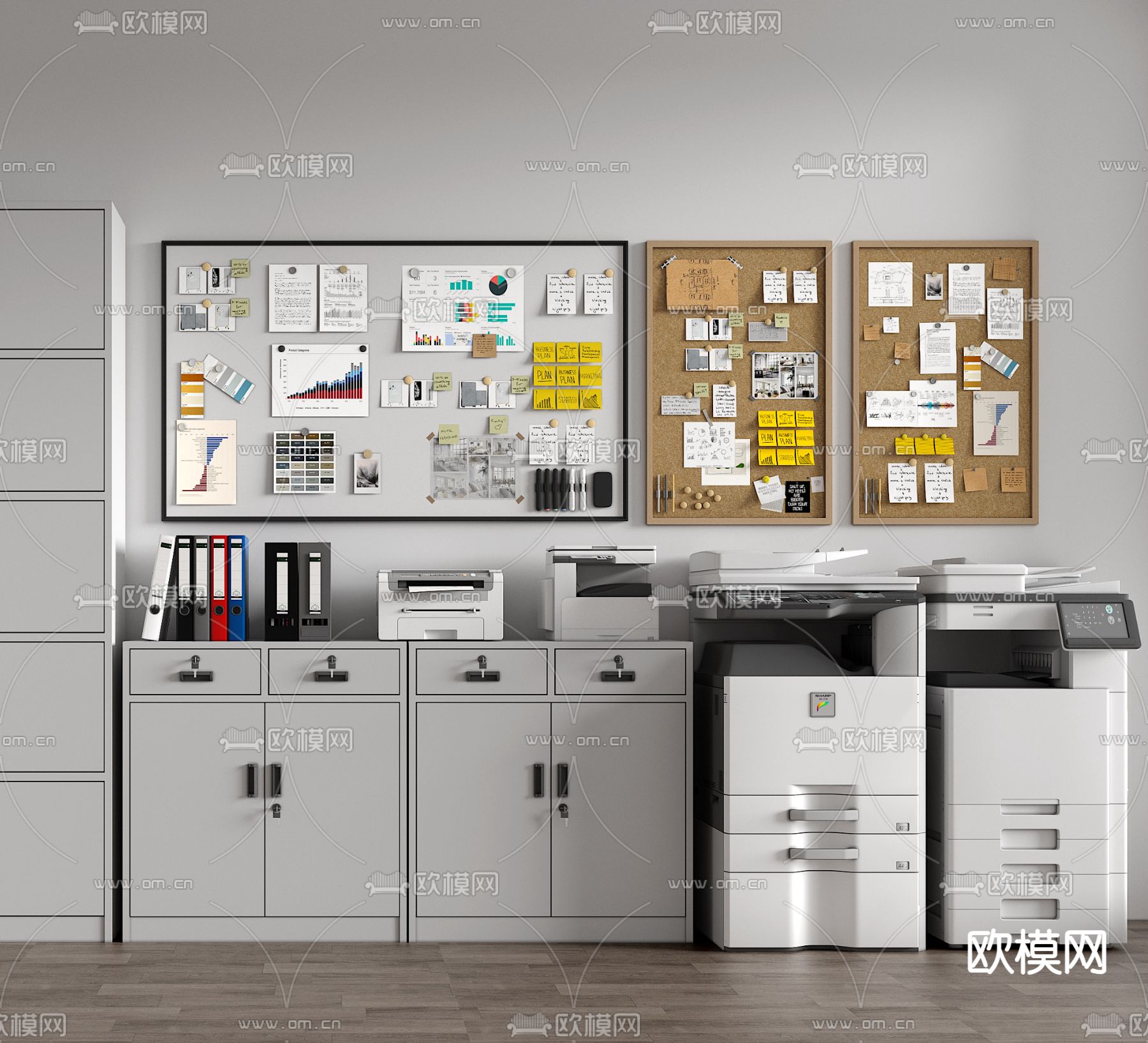 文件柜 资料柜 打印机 复印机 便签墙3d模型下载（渲染图2）