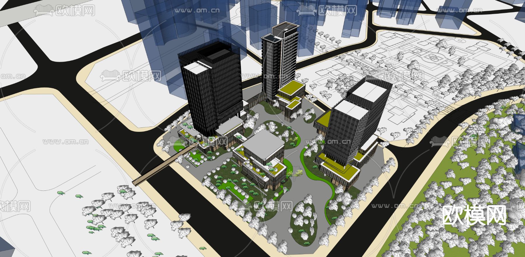 现代办公楼鸟瞰su模型下载（渲染图3）