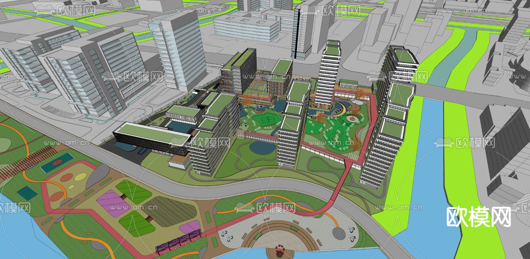 现代办公楼鸟瞰su模型下载（渲染图3）