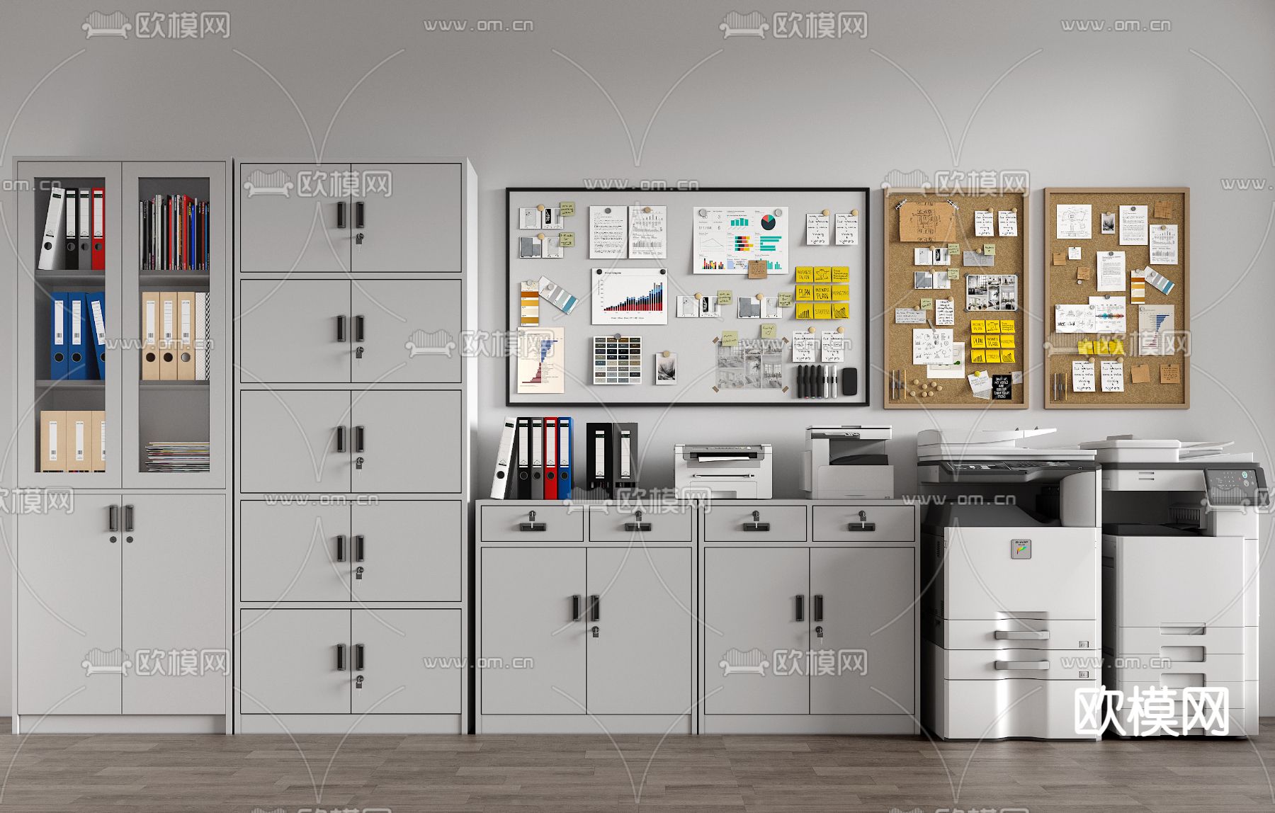文件柜 资料柜 打印机 复印机 便签墙3d模型下载（渲染图1）