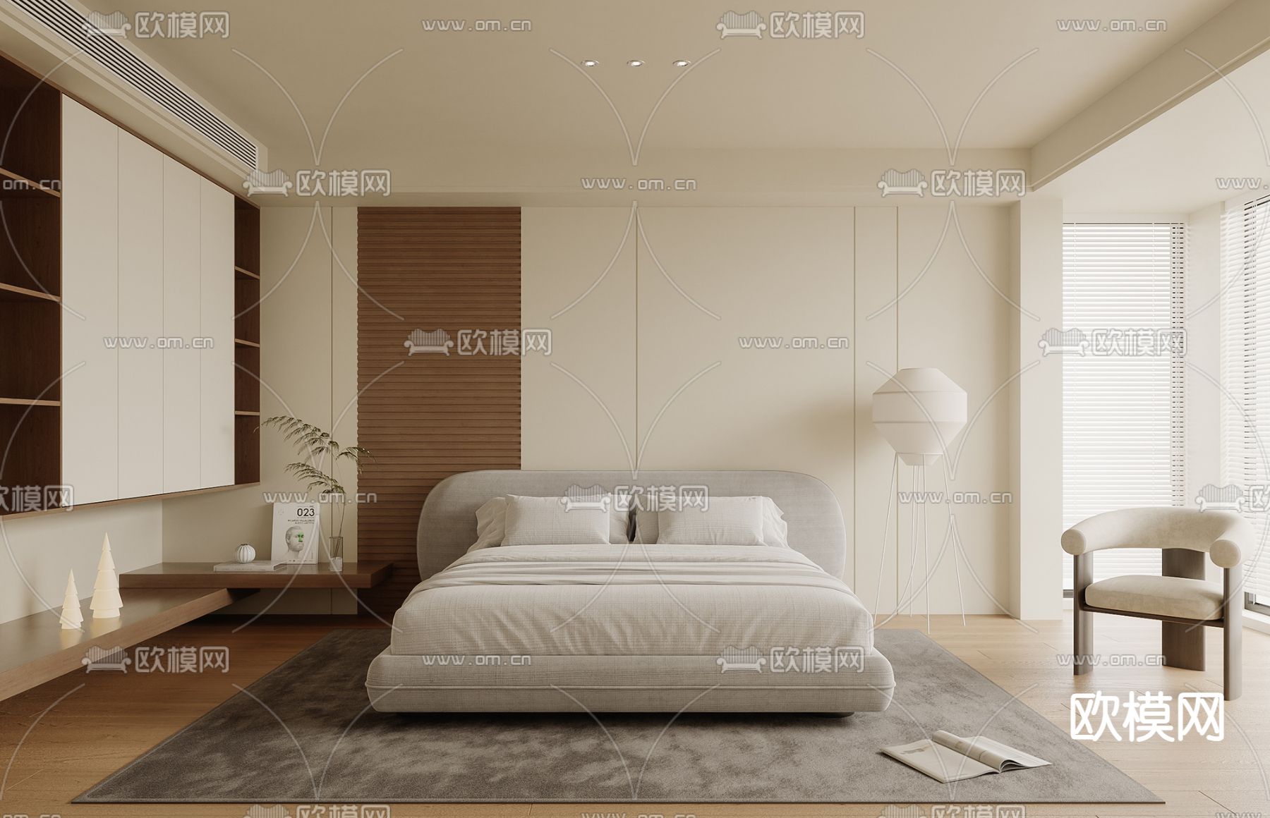 奶油风卧室su模型下载（渲染图1）