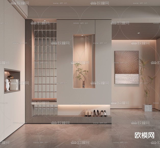 奶油风鞋柜 玻璃砖隔断3d模型下载