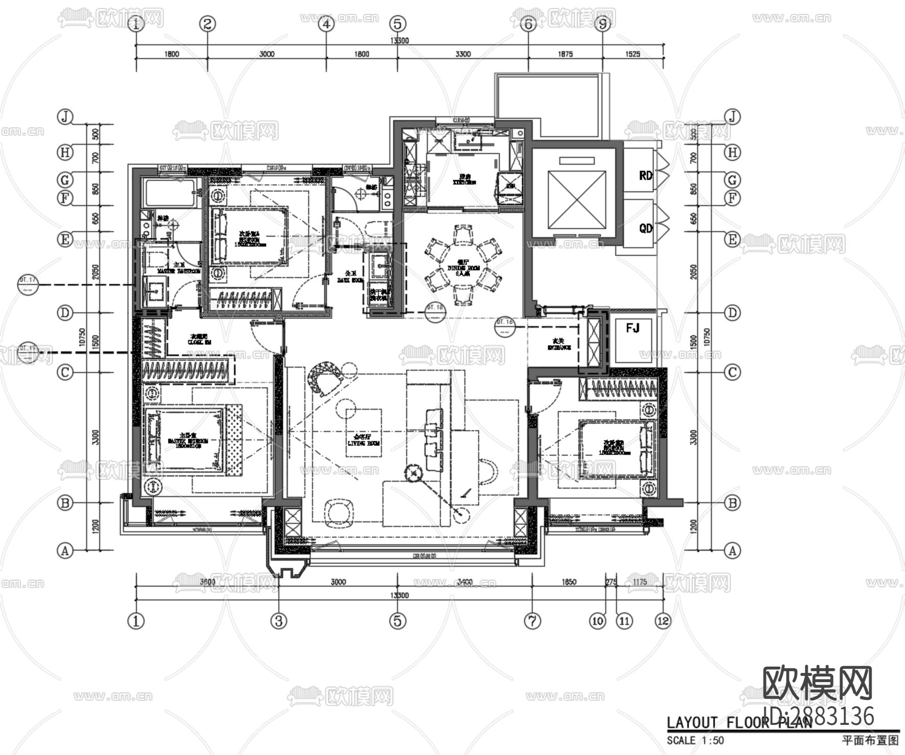 丹健国际-天津招商143样板房cad施工图下载（渲染图6）