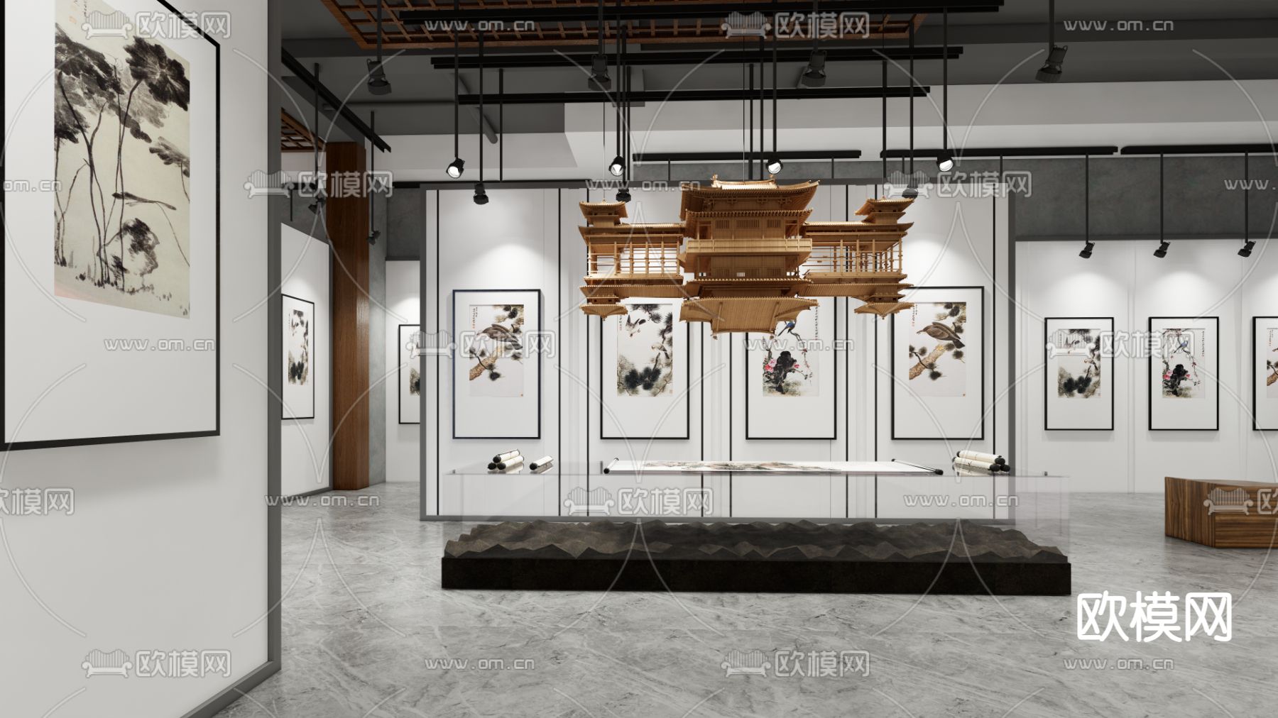 新中式国画展厅su模型下载（渲染图1）