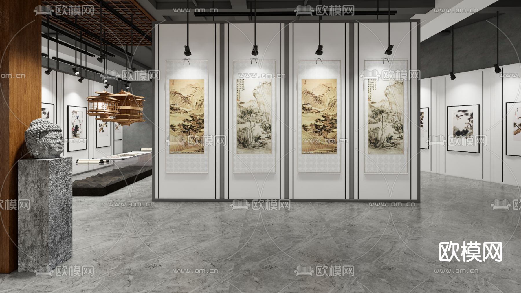 新中式国画展厅su模型下载（渲染图6）