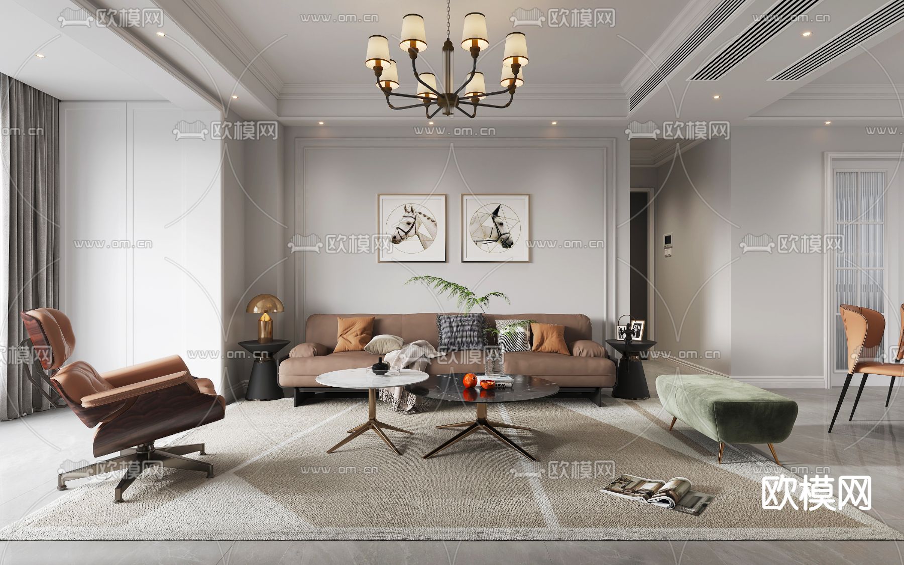 美式客厅 餐厅3d模型下载（渲染图1）