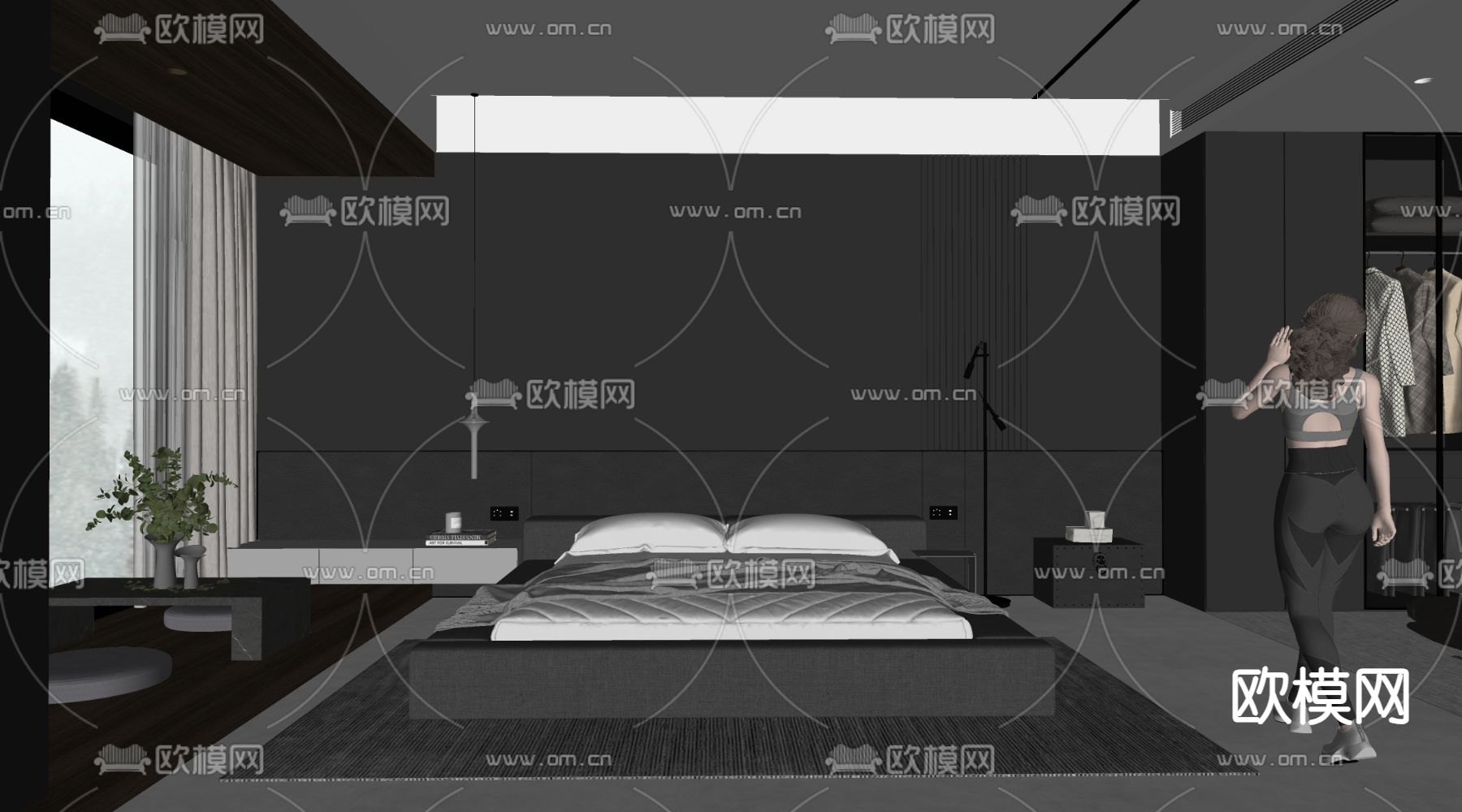 暗黑风卧室su模型下载（渲染图2）