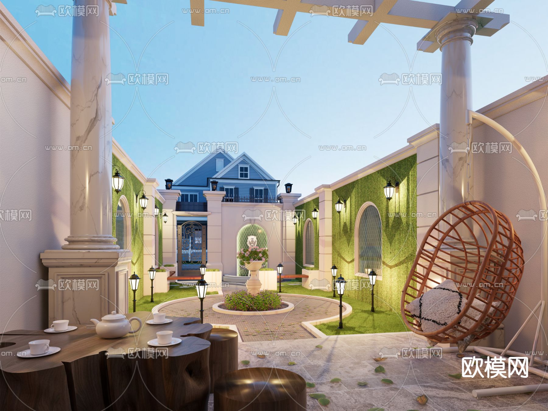 欧式庭院花园su模型下载（渲染图1）