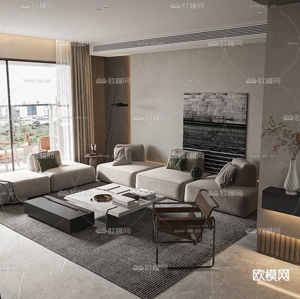 现代客厅 餐厅3d模型下载(渲染图1)