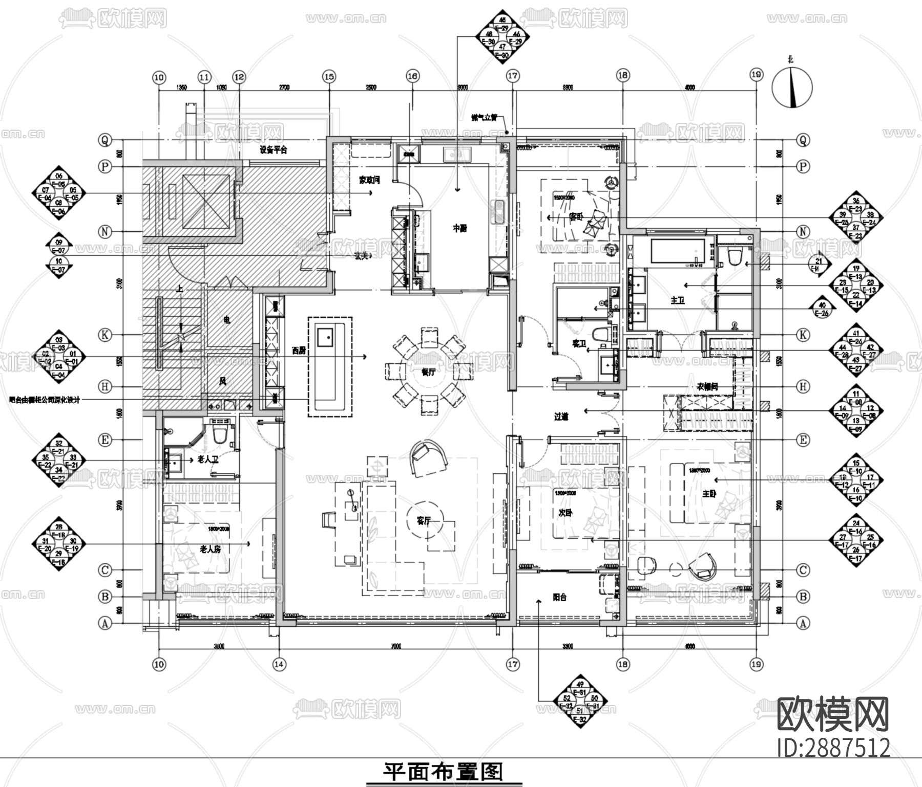 240m²样板房cad施工图下载（渲染图1）