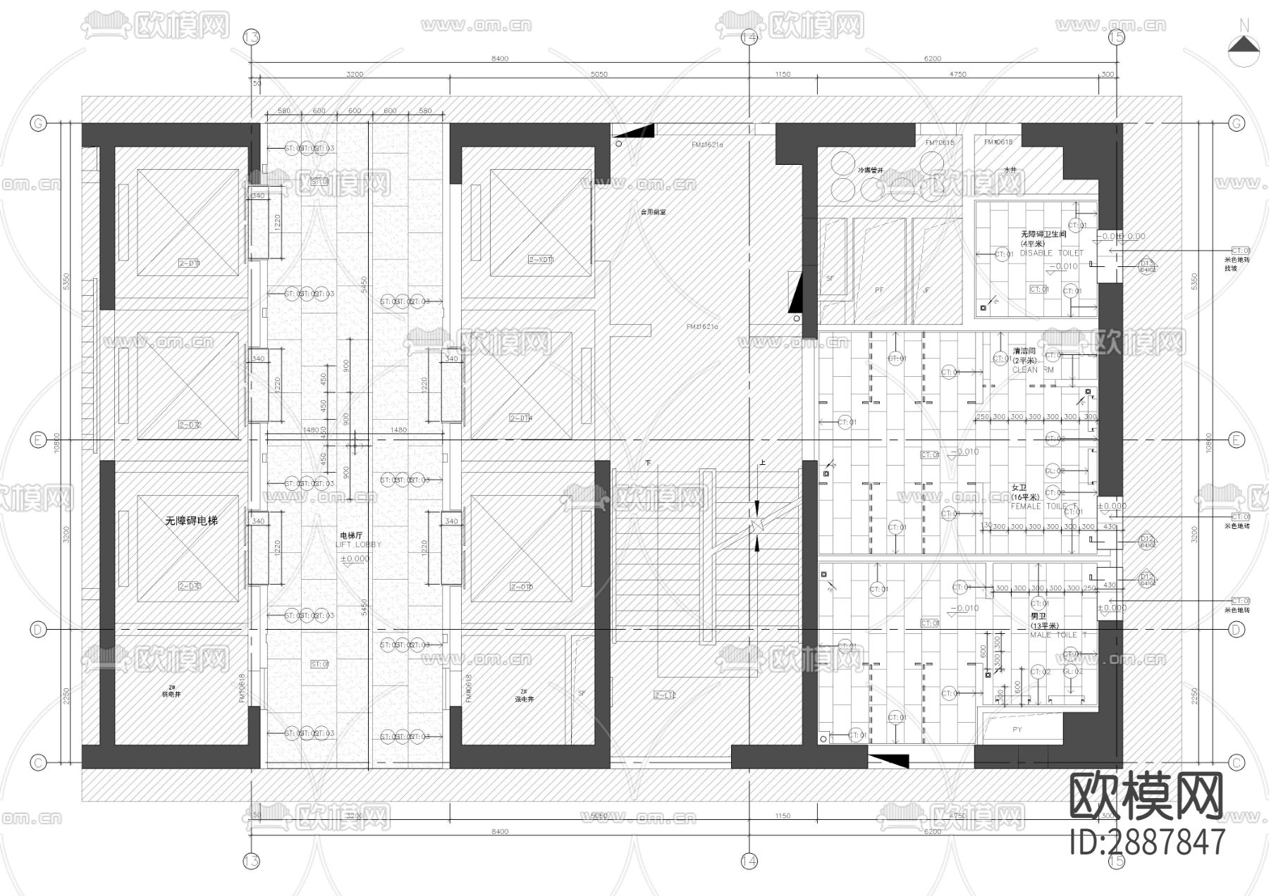 写字楼标准层电梯厅走廊卫生间CAD施工图下载（渲染图2）