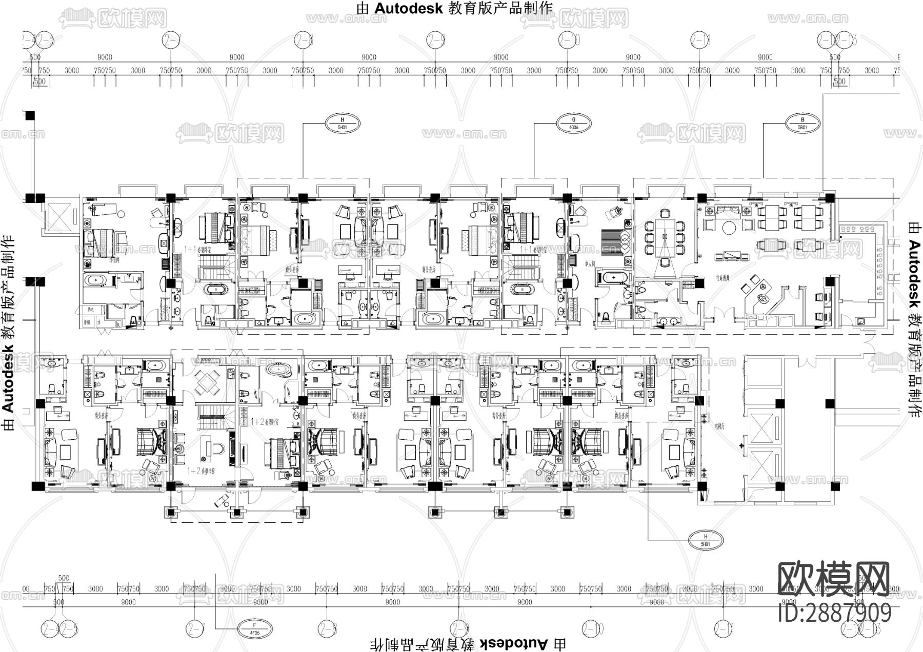 酒店宾馆客房CAD平面图下载（渲染图2）